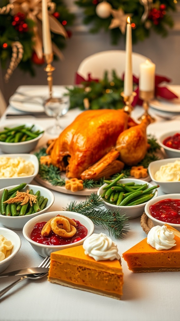 Christmas Dinner for 5 People A festive Christmas dinner table with roasted turkey, mashed potatoes, green bean casserole, cranberry sauce, and pumpkin pie.